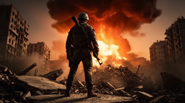 Lone Soldier Stands Amidst Devastation After a Bomb Explosion in a War-Torn City During Armed Conflict