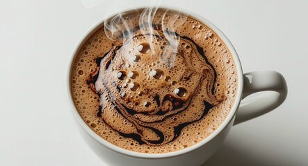 Generative AI close-up steaming hot coffee cup with chocolate swirl, rich foam texture, glossy droplets, aromatic warm beverage on clean background.