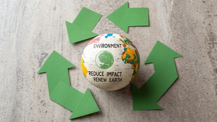 Globe with green arrows forming a recycling symbol about environment