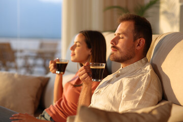 Relaxed couple smelling coffee aroma enjoying at home