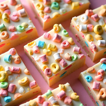 Cheerful Cereal Bars with White Chocolate Glaze and Colorful Pastel Cereal and Mini Marshmallows