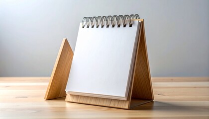Triangular wooden stand with blank spiral notepad and potted plant on desk