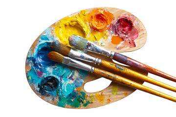 Wooden paint palette with artist brushes isolated on transparent background