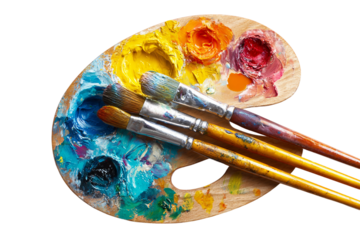Wooden paint palette with artist brushes isolated on transparent background