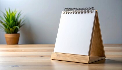 Triangular wooden stand with blank spiral notepad and potted plant on desk