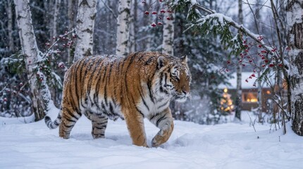 Obraz premium Tiger Walking in Winter Snow - A majestic tiger strides confidently through a snow covered forest, a testament to the power and beauty of nature in winter