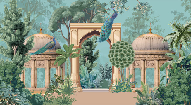 Traditional Mughal Garden, arch, palm tree, peacock pattern with an ornate frame, Mughal Garden Wall Mural, Inding Wedding.