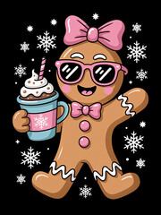 A cheerful gingerbread character flaunts pink sunglasses and a matching bow