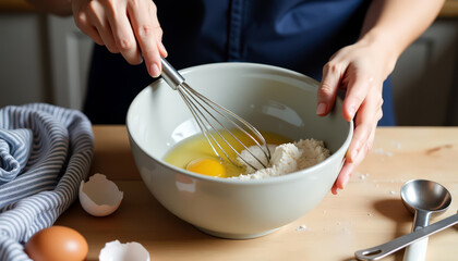 Preparing dough with eggs and flour in a kitchen setting for baking