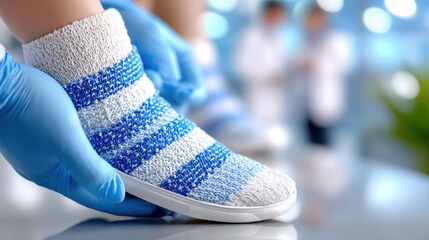 Medical care for diabetic foot with bandage in clinical setting for patient assistance