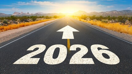2026 Themed Desert Highway, Sun & Mountain Background Future New Year Scene (For New Year, Future Planning, Event Designs)
