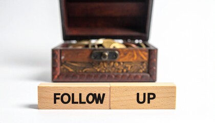 Open wooden chest with “FOLLOW UP” blocks on white background