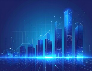Digitally rendered cityscape with graph lines overlayed on a blue background