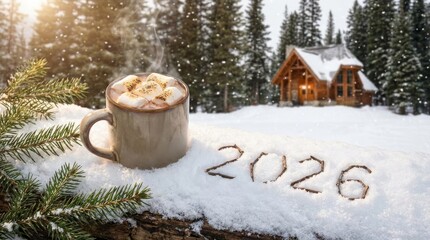 Winter Cabin Hot Chocolate 2026 - Warm drink in winter landscape symbolizing comfort, hope, joy, peace, and togetherness. Cottage in snowy woods backdrop