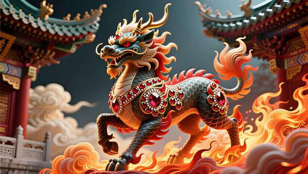 Majestic kirin rising through fiery clouds before ancient architecture