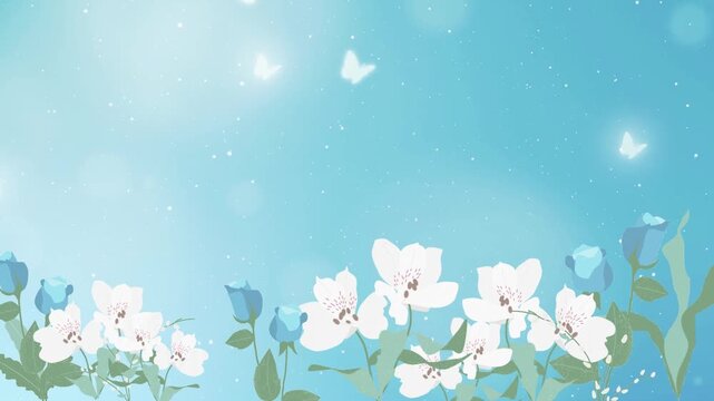 Flying butterflies and spring flowers with blooming flowers and soft decorative elements on a blue background.