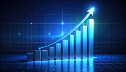 Bar chart with rising bars and upward arrow on dark grid background.