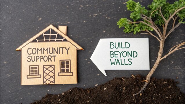 Wooden house icon near tree and community support message - Powered by Adobe