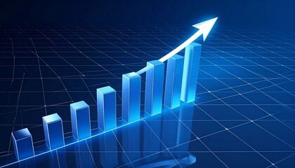 Bar chart with rising bars and upward arrow on dark grid background.