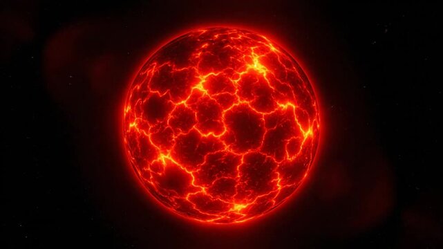 Fiery molten planet exploding with red hot lava and cracks against a dark space background