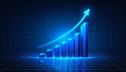 Bar chart with rising bars and upward arrow on dark grid background.
