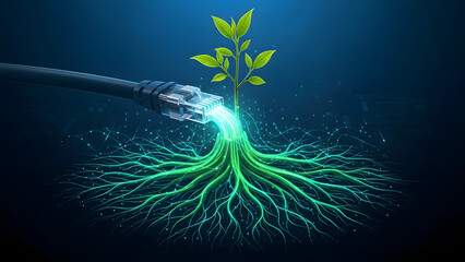Network cable connected to a plant with glowing roots against a dark blue gradient background
