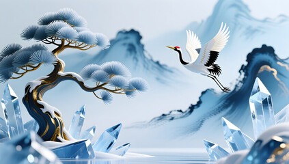 Obraz premium Cranes soar above icy pines in a grand winter tableau