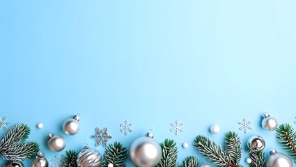 Festive Silver Ornaments and Pine Branches on Light Blue Background