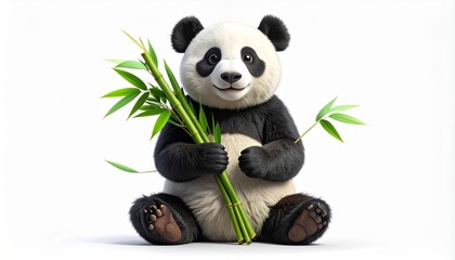 Cartoon panda holding bamboo on white background.