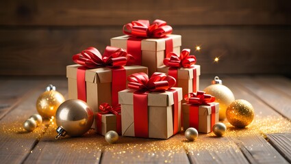 Festive Gift Boxes with Red Ribbons on Wooden Background