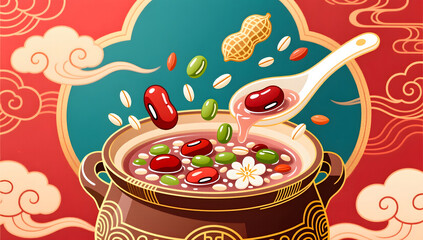 Laba porridge ingredients highlighted in ornate Chinese patterns