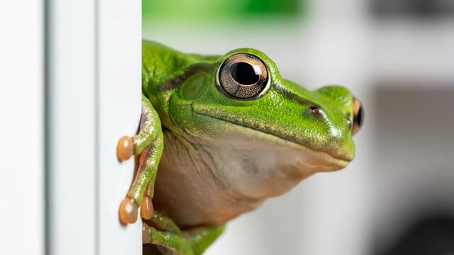 Curious green tree frog peeking from behind white wall with large expressive eyes and textured skin