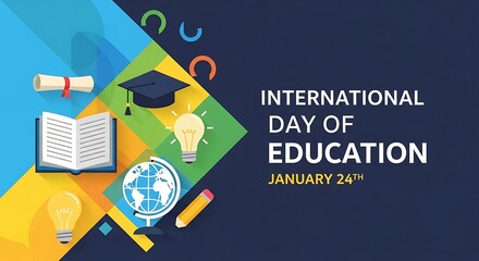 Colorful international day of education banner with academic symbols and january 24th date