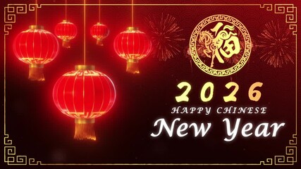 2026 Lunar New Year. Happy chinese new year. Festive Happy New Year celebration background with Red lanterns, colorful lights, joyful atmosphere. Perfect for holiday greetings, party invitations.