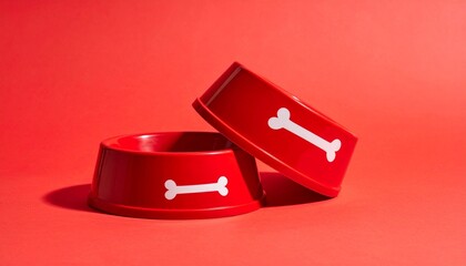 Two red dog bowls with white bone icons on red background, one upright, one tilted.
