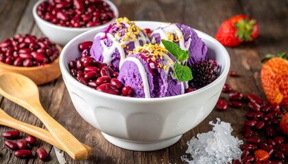 Purple ice cream with cranberries and granola in white bowl on rustic wooden surface.