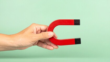 Hand holding red-black horseshoe magnet on light green background, simple and educational.