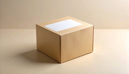 Closed cardboard box with blank label on neutral surface and background, minimal and clean.