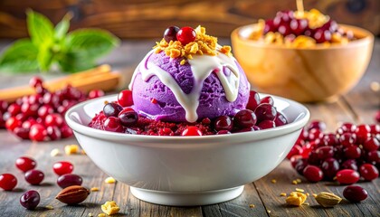 Purple ice cream with cranberries and granola in white bowl on rustic wooden surface.