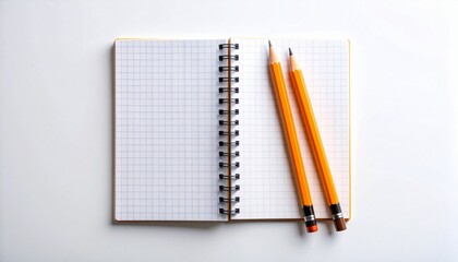 Open graph notebook with two yellow pencils on white surface, clean and academic.