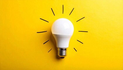 White LED bulb on yellow background with black lines radiating outward, symbolizing bright idea and creativity.
