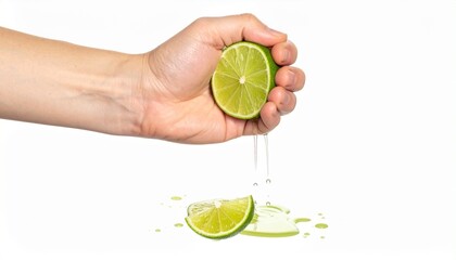 Hand squeezing lime with juice splashing on white background, vibrant and fresh.