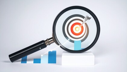 Magnifying glass enlarging bullseye with arrow, bar graph in background, symbolizing focus and growth.