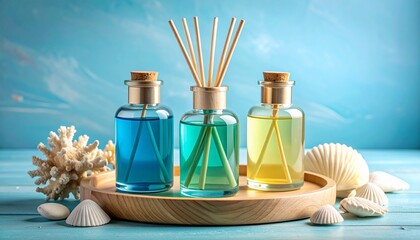 Three reed diffusers with colored liquids on wooden tray, surrounded by coral, shells, and pebbles.