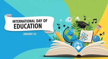 Colorful international day of education january 24 banner with open book, globe, and school supplies