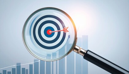 Magnifying glass enlarging bullseye with arrow, bar graph in background, symbolizing focus and growth.
