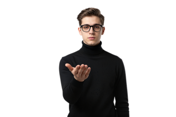Young Man in Black Sweater Wearing Glasses Gesturing