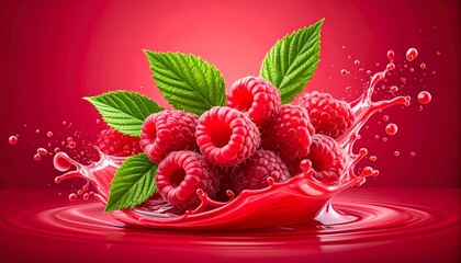 Fresh raspberries with green leaves in red liquid splash on red gradient background, juicy and vibrant.