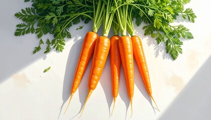 Five fresh carrots with green tops on light surface, vibrant orange color and natural texture.