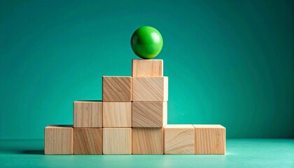 Wooden staircase of blocks with green sphere on top, teal gradient background and tabletop surface.